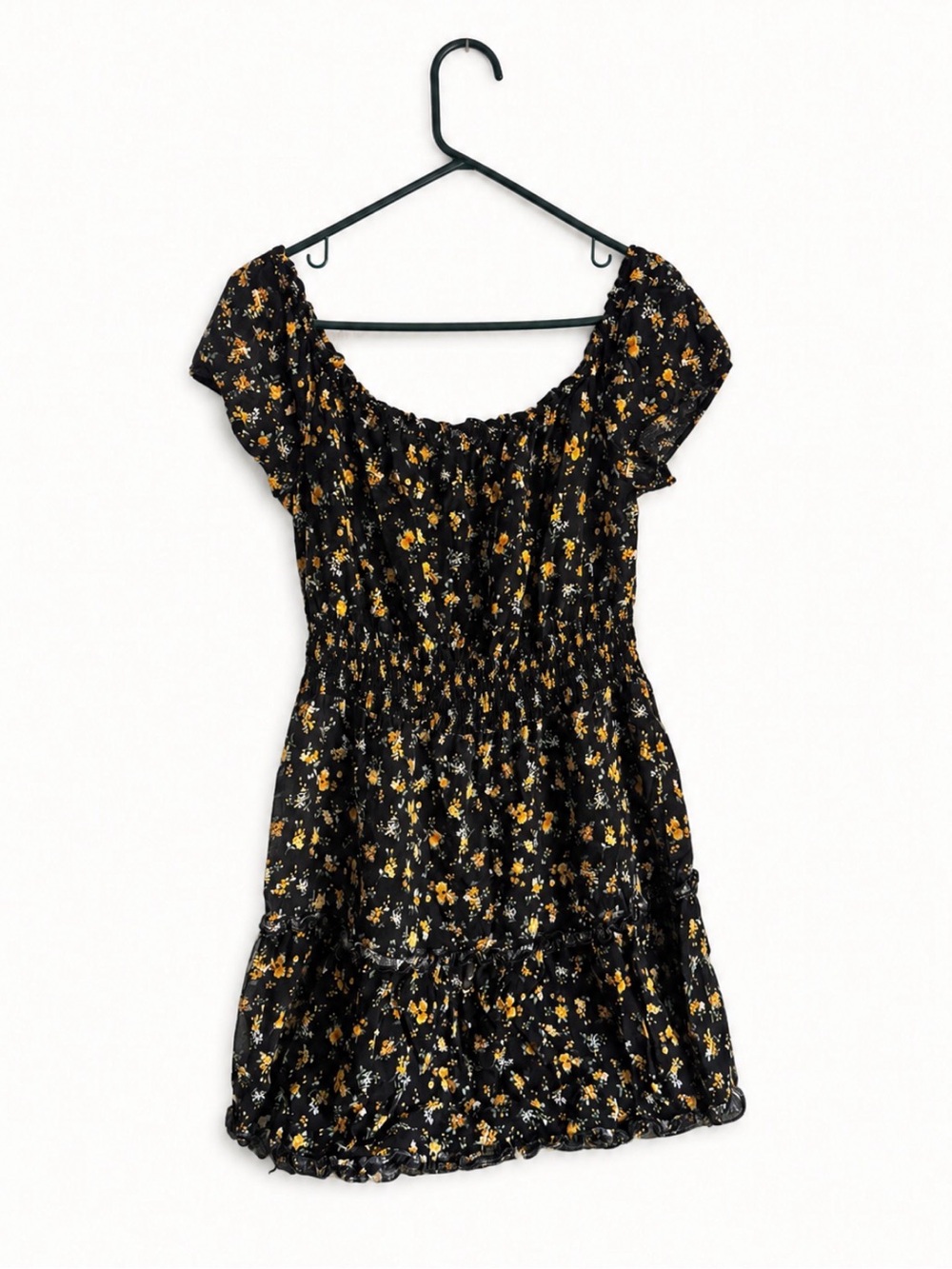 Black Floral Midi Dress with Yellow Accent